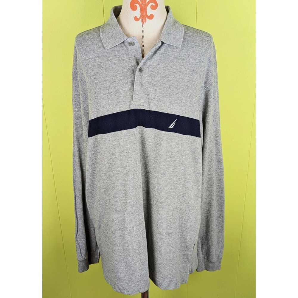 VTG Nautica NS83 Men's XL Gray Blue Long Sleeve Golf Polo Cotton Shirt Hong Kong
